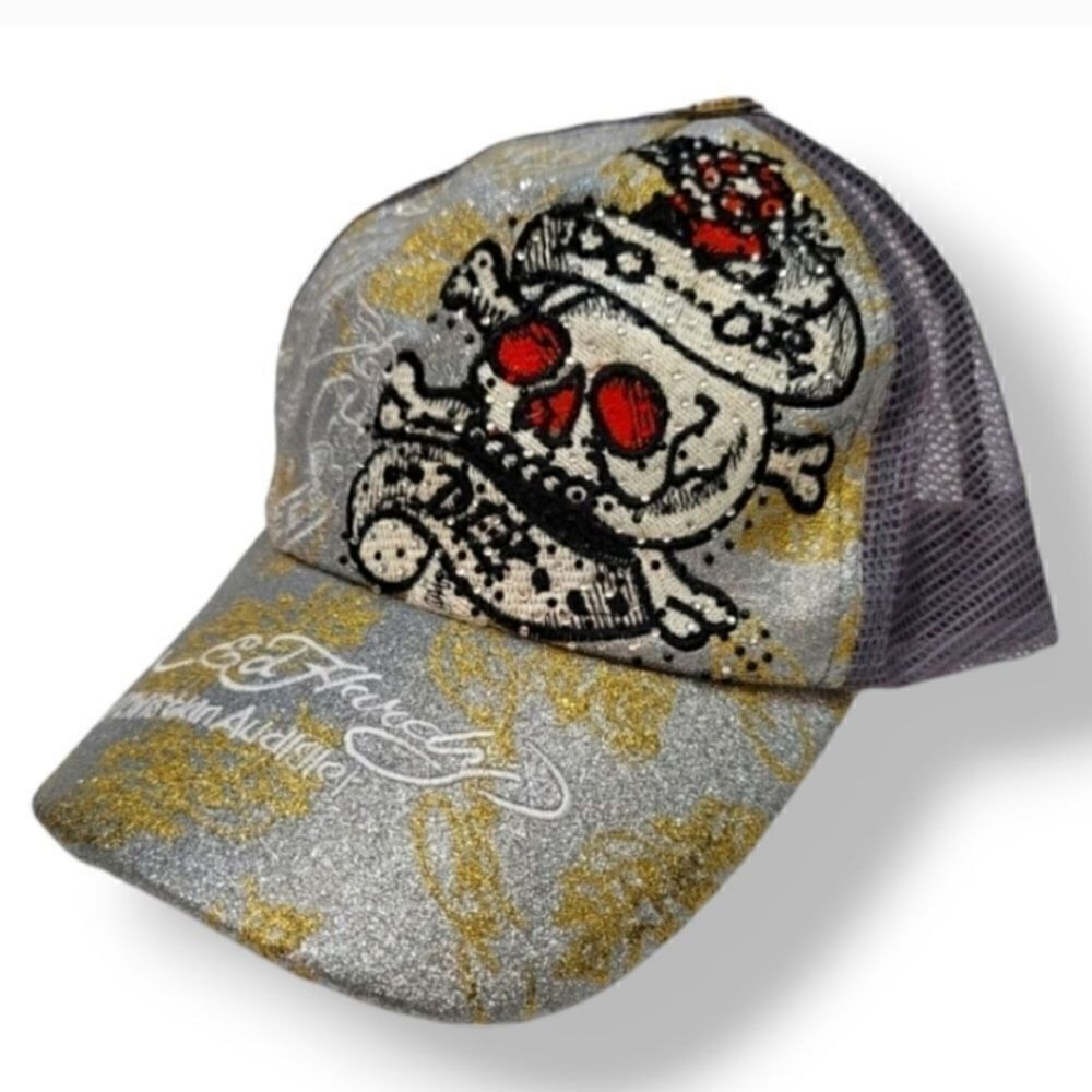 New Vintage Ed Hardy Christian Audigier Embroidered Rhinestone Snapback Hat